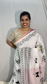 Vriksham White With Butterfly Print Cotton Mulmul Saree With Pom Pom Lace-VS4431